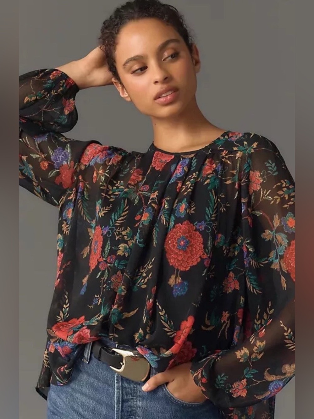 Anthropologie Maeve Long-Sleeve Pleated Sheer Peasant Blouse Floral Top Size S